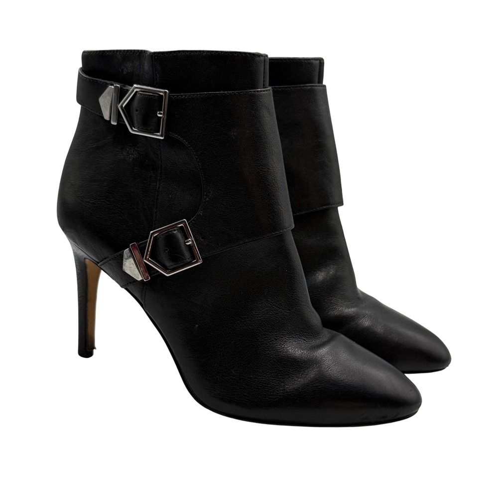 Via Spiga Women's 8‎ Black Leather Ankle Boots Double Buckle Heel Vero Cuoio